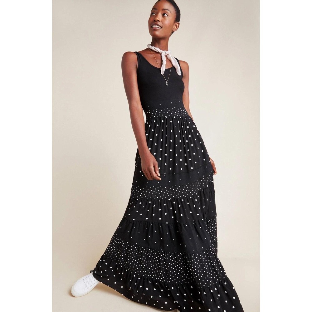 Anthropologie Colima Tiered Polka Dot Maxi Dress Boho Preppy Coastal Flowy L